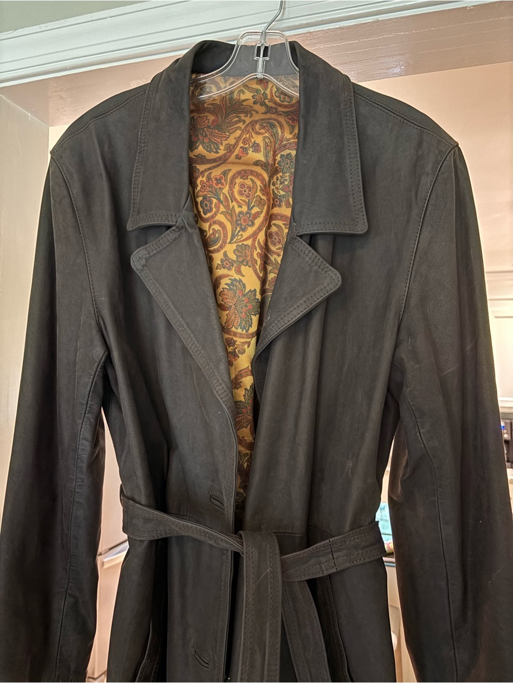 Women’s Brown Leather Coat with Paisley Lining